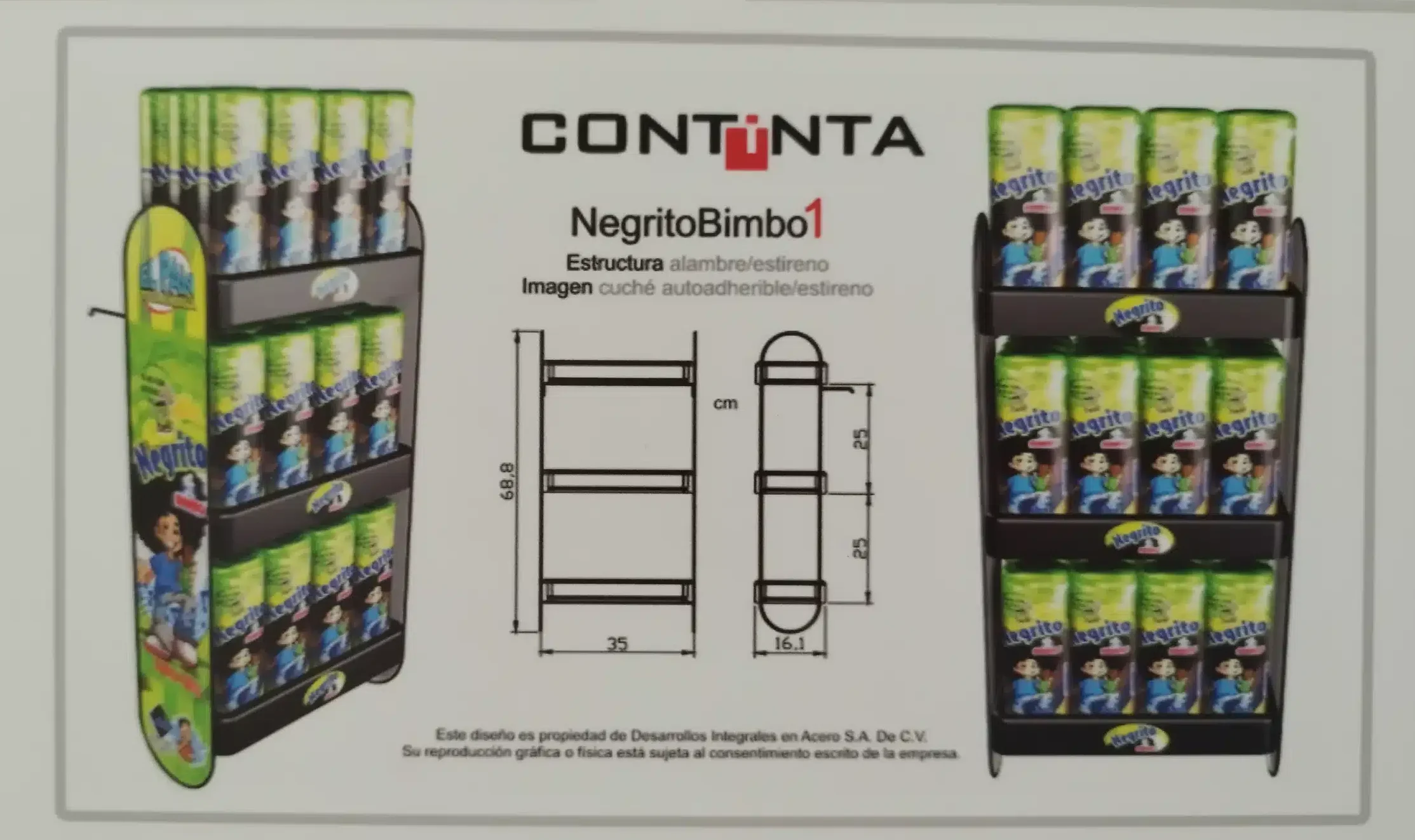 Exhibidor de mostrador de alambre y estireno para productos Bimbo, material POP display publicitario