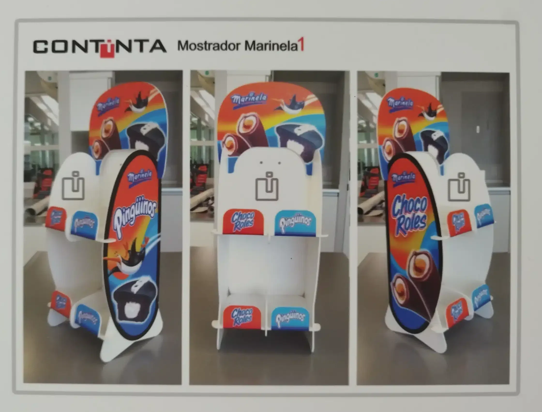 Exhibidor de mostrador de material POP en trovicel para productos Marinela Pingüinos y Choco Roles, diseñado para punto de venta
